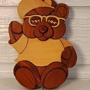 HANDMADE WOODEN COOL BEAR WALL HANGING KIDS ROOM Decoration Sign
